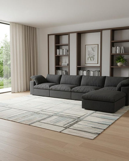 160" Black Linen Blend Modular Wood Sofa With Ottoman And Storage