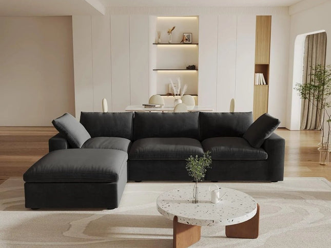 120" Black Linen Blend Modular Wood Sofa With Ottoman And Storage