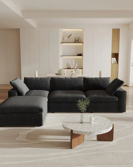 120" Black Linen Blend Modular Wood Sofa With Ottoman And Storage