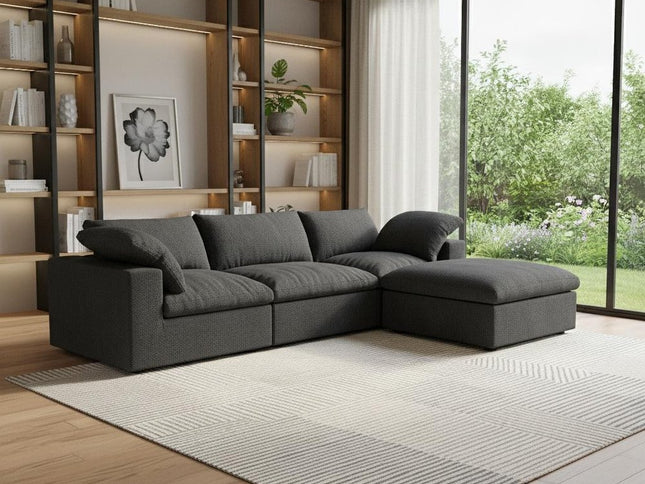 120" Black Linen Blend Modular Sofa With Ottoman And Storage
