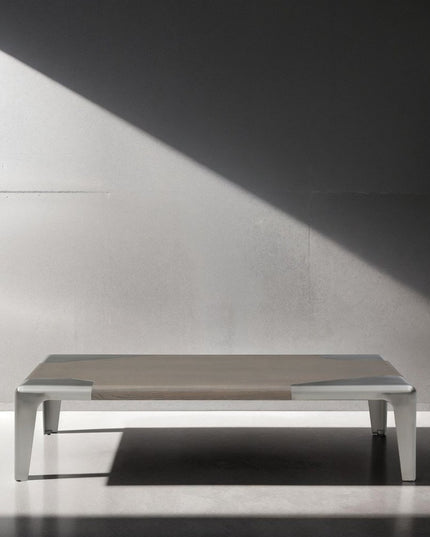 57" Light Gray and Silver Wood and Stainless Steel Coffee Table