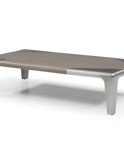57" Light Gray and Silver Wood and Stainless Steel Coffee Table