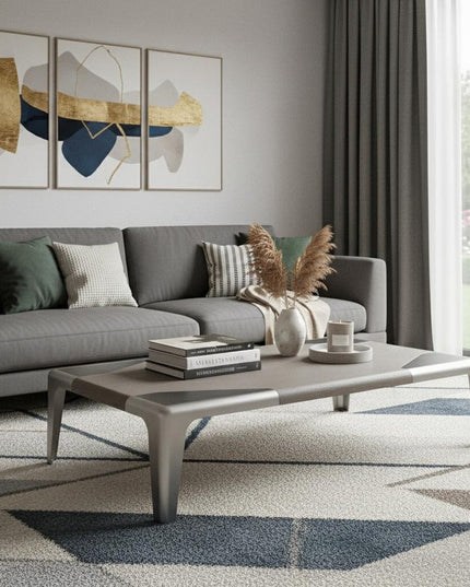 57" Light Gray and Silver Wood and Stainless Steel Coffee Table