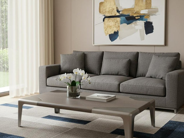 57" Gray and Silver Wood and Stainless Steel Coffee Table