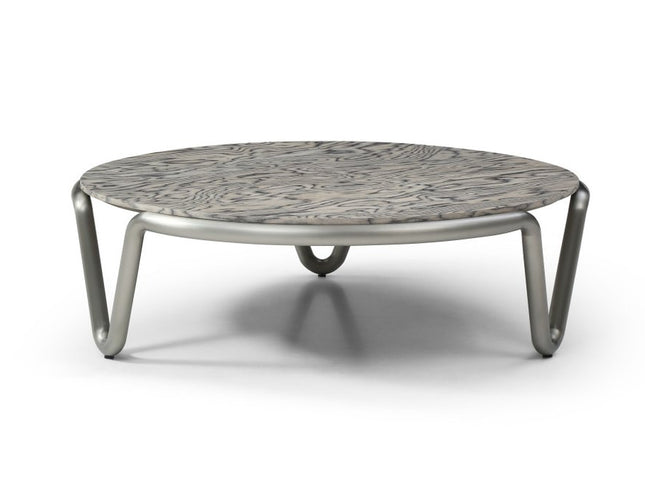 55" Gray and Silver Wood and Stainless Steel Round Coffee Table