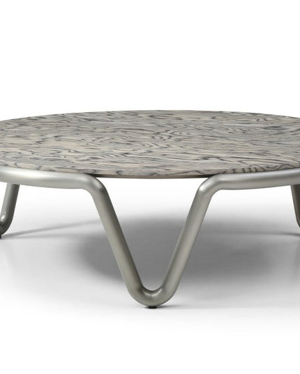 55" Gray and Silver Wood and Stainless Steel Round Coffee Table