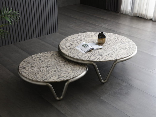 55" Gray and Silver Wood and Stainless Steel Round Coffee Table