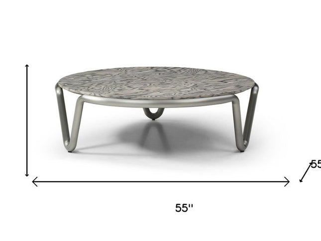 55" Gray and Silver Wood and Stainless Steel Round Coffee Table