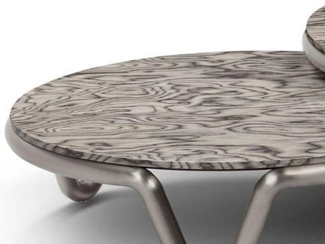 55" Gray and Silver Wood and Stainless Steel Round Coffee Table