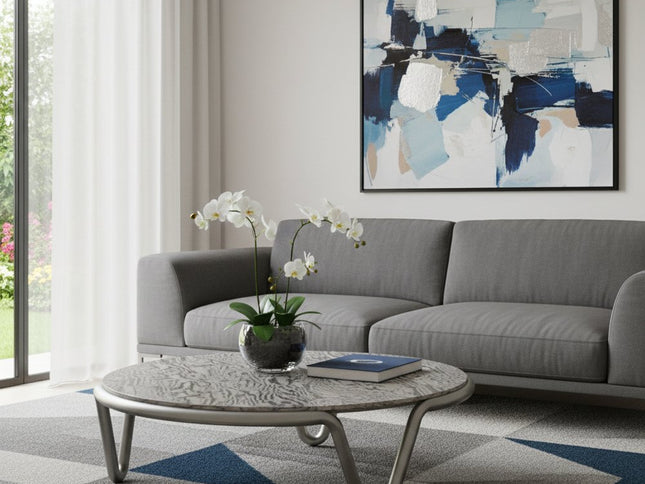 55" Gray and Silver Wood and Stainless Steel Round Coffee Table