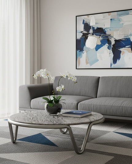 55" Gray and Silver Wood and Stainless Steel Round Coffee Table