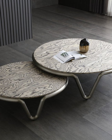 43" Gray and Silver Wood and Stainless Steel Round Coffee Table