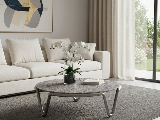 43" Gray and Silver Wood and Stainless Steel Round Coffee Table