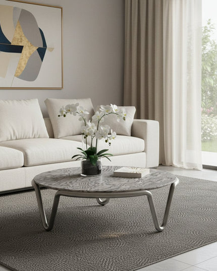 43" Gray and Silver Wood and Stainless Steel Round Coffee Table