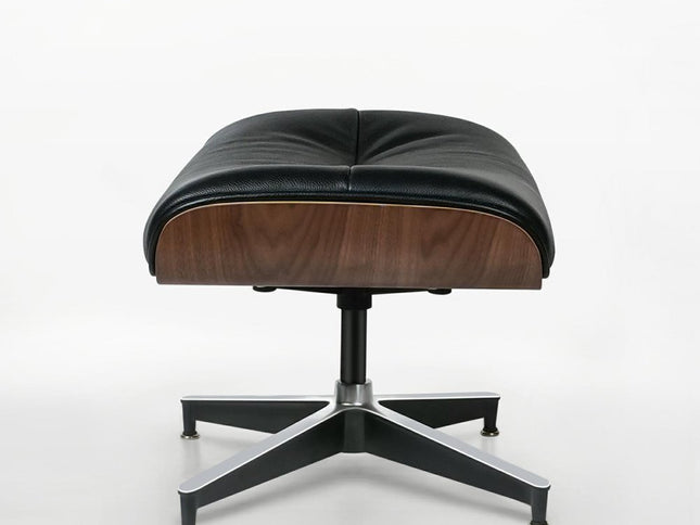 33" Black and Walnut Leather And Wood Swivel Lounge Chair With Ottoman