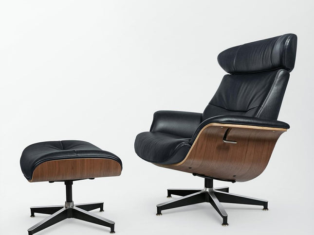 33" Black and Walnut Leather And Wood Swivel Lounge Chair With Ottoman