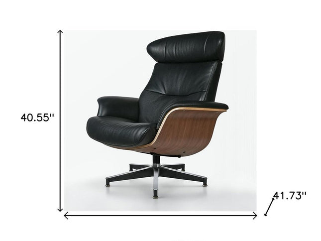 33" Black and Walnut Leather And Wood Swivel Lounge Chair With Ottoman