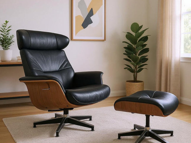 33" Black and Walnut Leather And Wood Swivel Lounge Chair With Ottoman