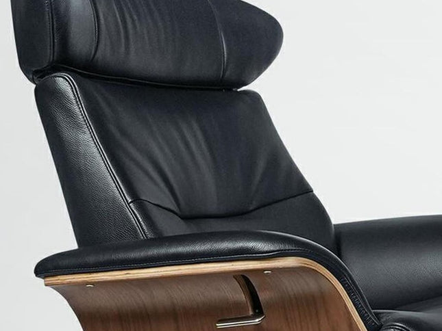 33" Black and Walnut Leather And Wood Swivel Lounge Chair With Ottoman