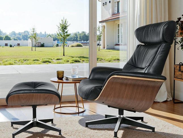 33" Black and Walnut Leather And Wood Swivel Lounge Chair With Ottoman