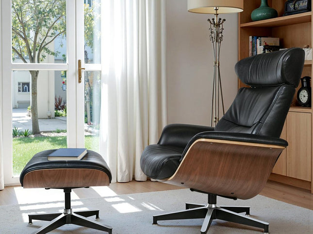 33" Black and Walnut Leather And Wood Swivel Lounge Chair With Ottoman