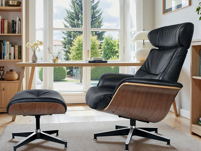 33" Black and Walnut Leather And Wood Swivel Lounge Chair With Ottoman