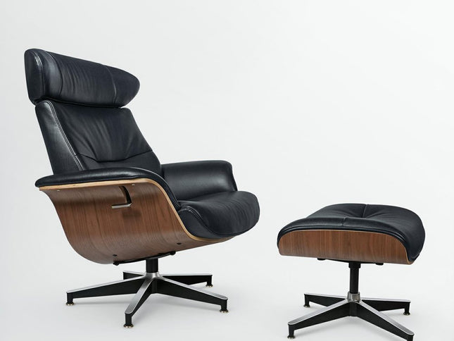 33" Black and Walnut Leather And Wood Swivel Lounge Chair With Ottoman