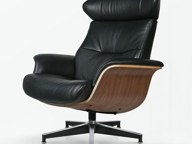33" Black and Walnut Leather And Wood Swivel Lounge Chair With Ottoman