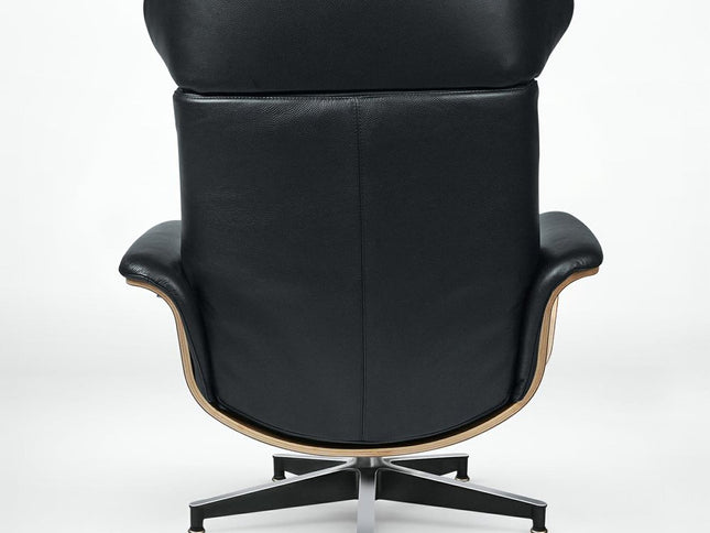 33" Black and Walnut Leather And Wood Swivel Lounge Chair With Ottoman