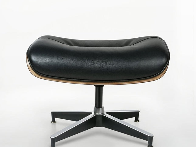 33" Black and Walnut Leather And Wood Swivel Lounge Chair With Ottoman