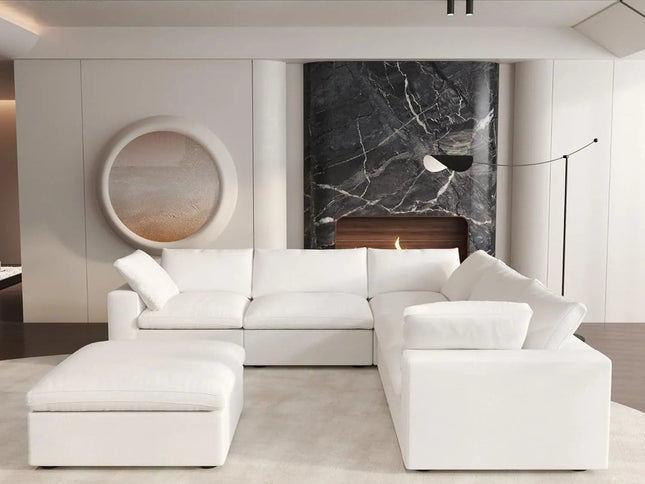 White Linen Blend Modular L Shaped Six Piece Corner Sectional