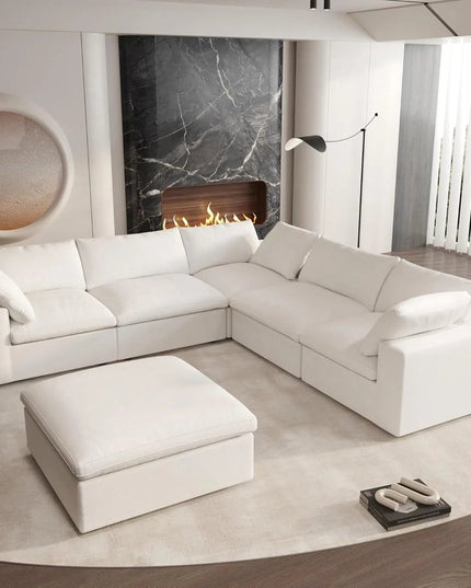 White Linen Blend Modular L Shaped Six Piece Corner Sectional