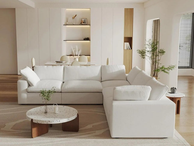 White Linen Blend Modular L Shaped Five Piece Corner Sectional