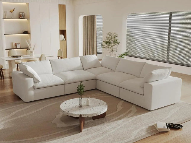 White Linen Blend Modular L Shaped Five Piece Corner Sectional