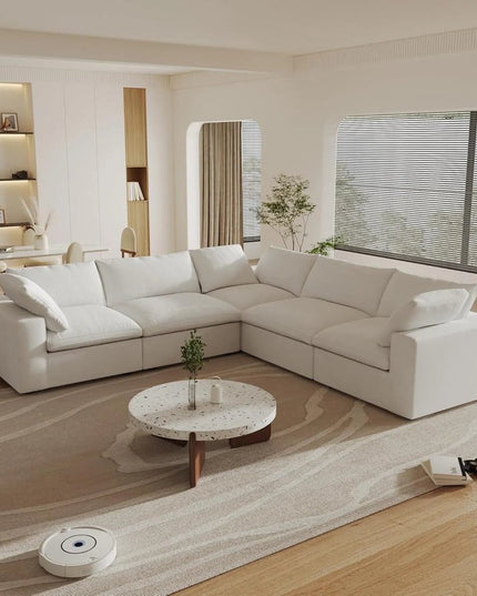 White Linen Blend Modular L Shaped Five Piece Corner Sectional
