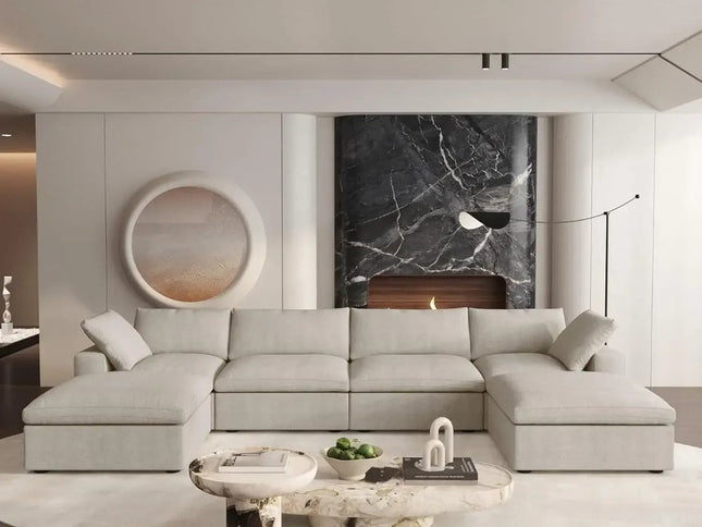 Khaki Linen Blend Modular U Shaped Six Piece Sofa and Chaise Sectional