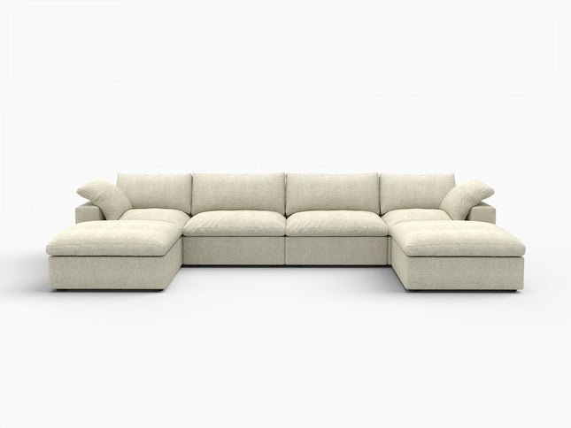 Khaki Linen Blend Modular U Shaped Six Piece Sofa and Chaise Sectional