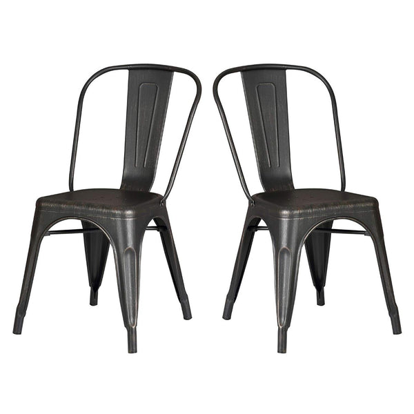 Set of 2 Black Distressed Metal Dining Chairs With Back