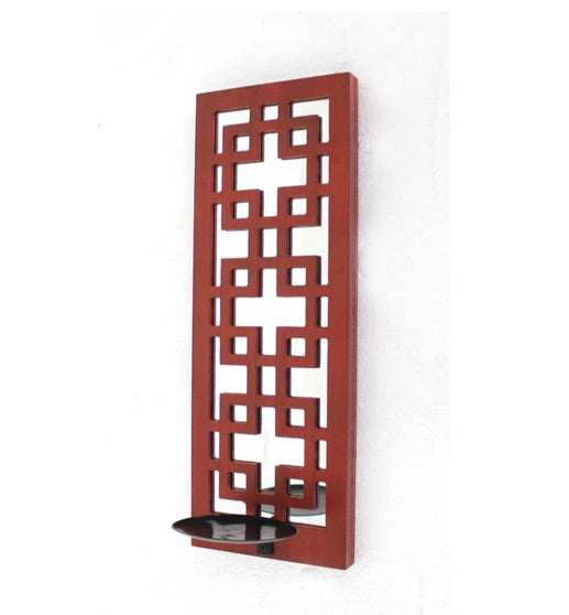 17" x 5" x 6" Red, Vintage Wood, Lattice Mirror - Candle Holder Sconce