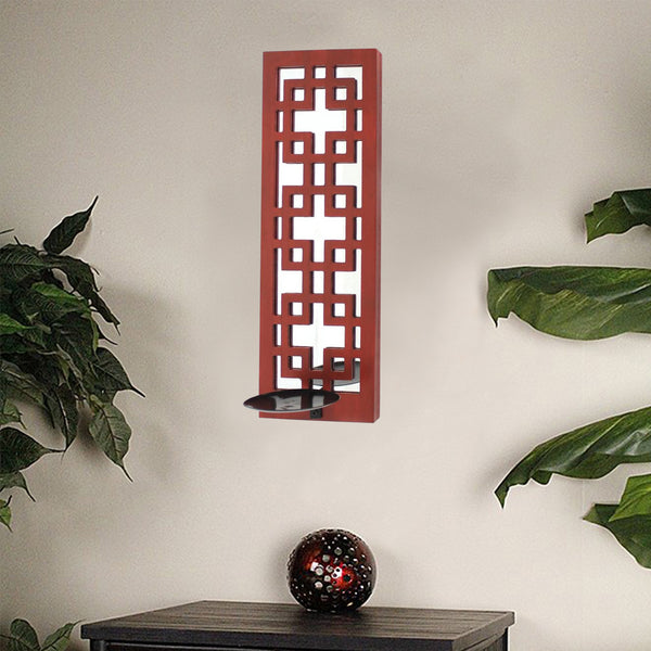 17" x 5" x 6" Red, Vintage Wood, Lattice Mirror - Candle Holder Sconce