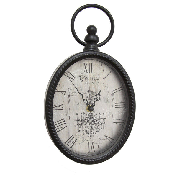 Oval Antiqued Silver Metal Clock with Roman Numerals