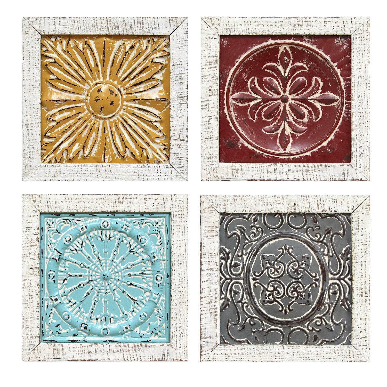 Set of 4 Distressed Medallion Metal and Wood Framed Wall Art