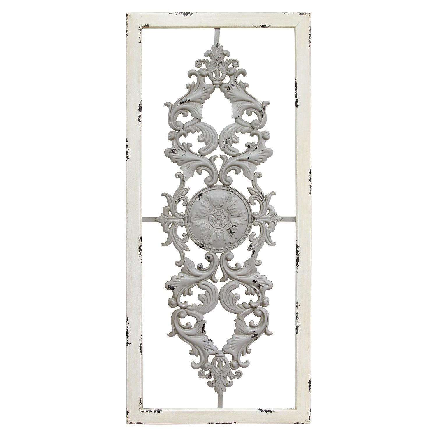 Distressed Scroll Panel Metal White Wood Framed Wall Art