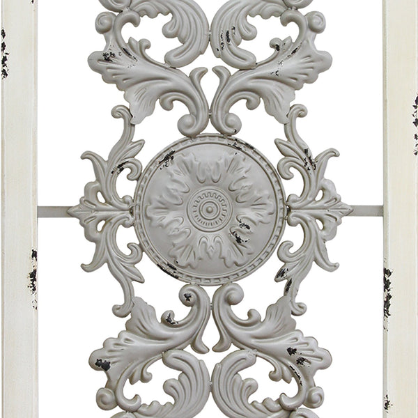 Distressed Scroll Panel Metal White Wood Framed Wall Art