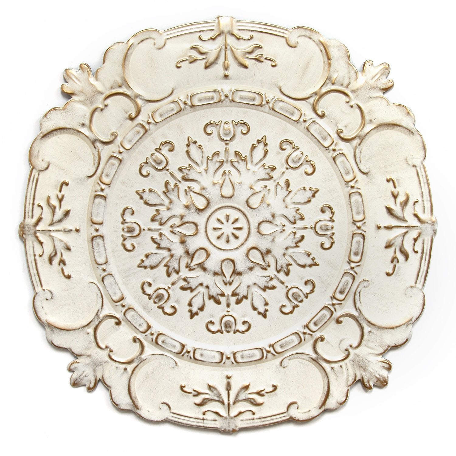 Distressed White European Medallion Metal Wall Decor