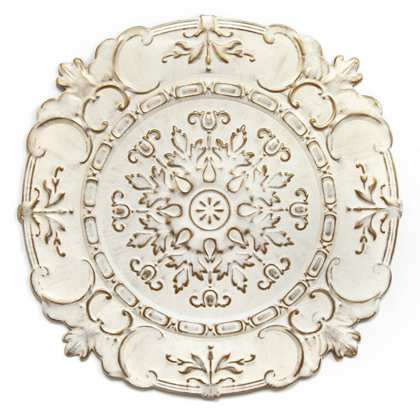 Distressed White European Medallion Metal Wall Decor