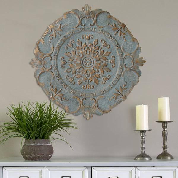 Distressed Blue European Medallion Metal Wall Decor