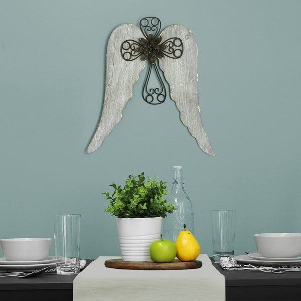 Distressed White Angel Wings With Metal Cross Wall Decor