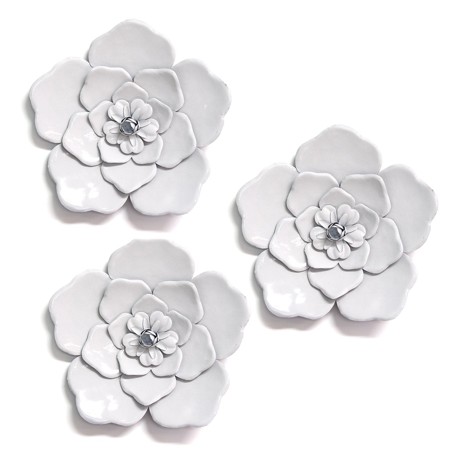 Set of 3 Alluring White Metal Flowers Wall Art Decor