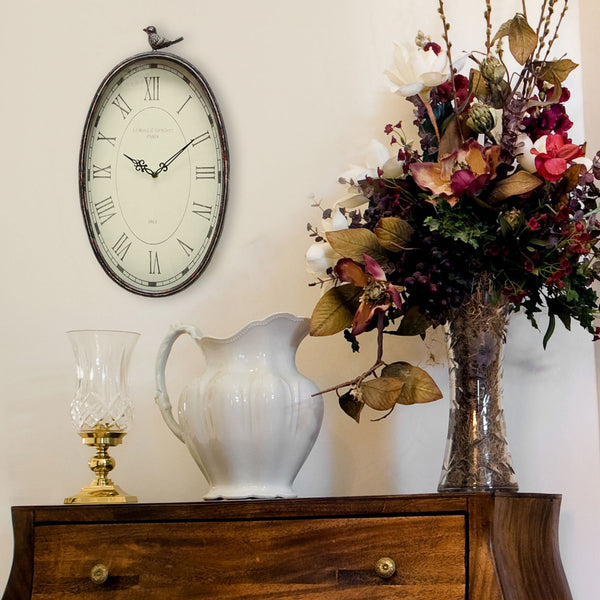 Oval Distressed Gunmetal Antique Bird Clock